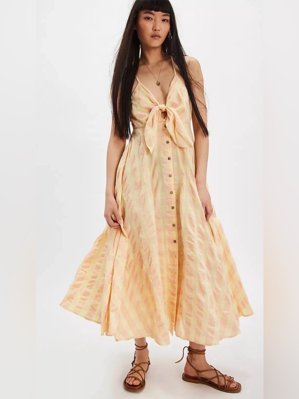 Free People Via Gingham Seersucker Cotton Creamsicle Midi Dress